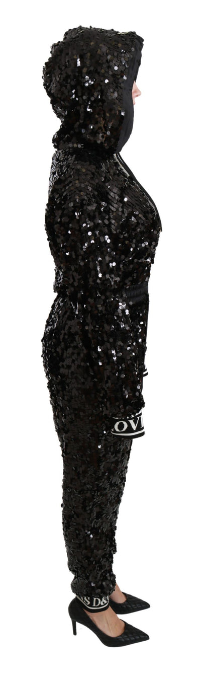 Black Sequined Hooded Sweater Dress Jumpsuit