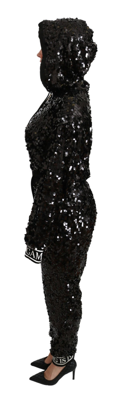 Black Sequined Hooded Sweater Dress Jumpsuit