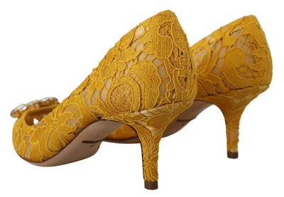 Yellow Taormina Lace Crystal Heels Pumps Shoes