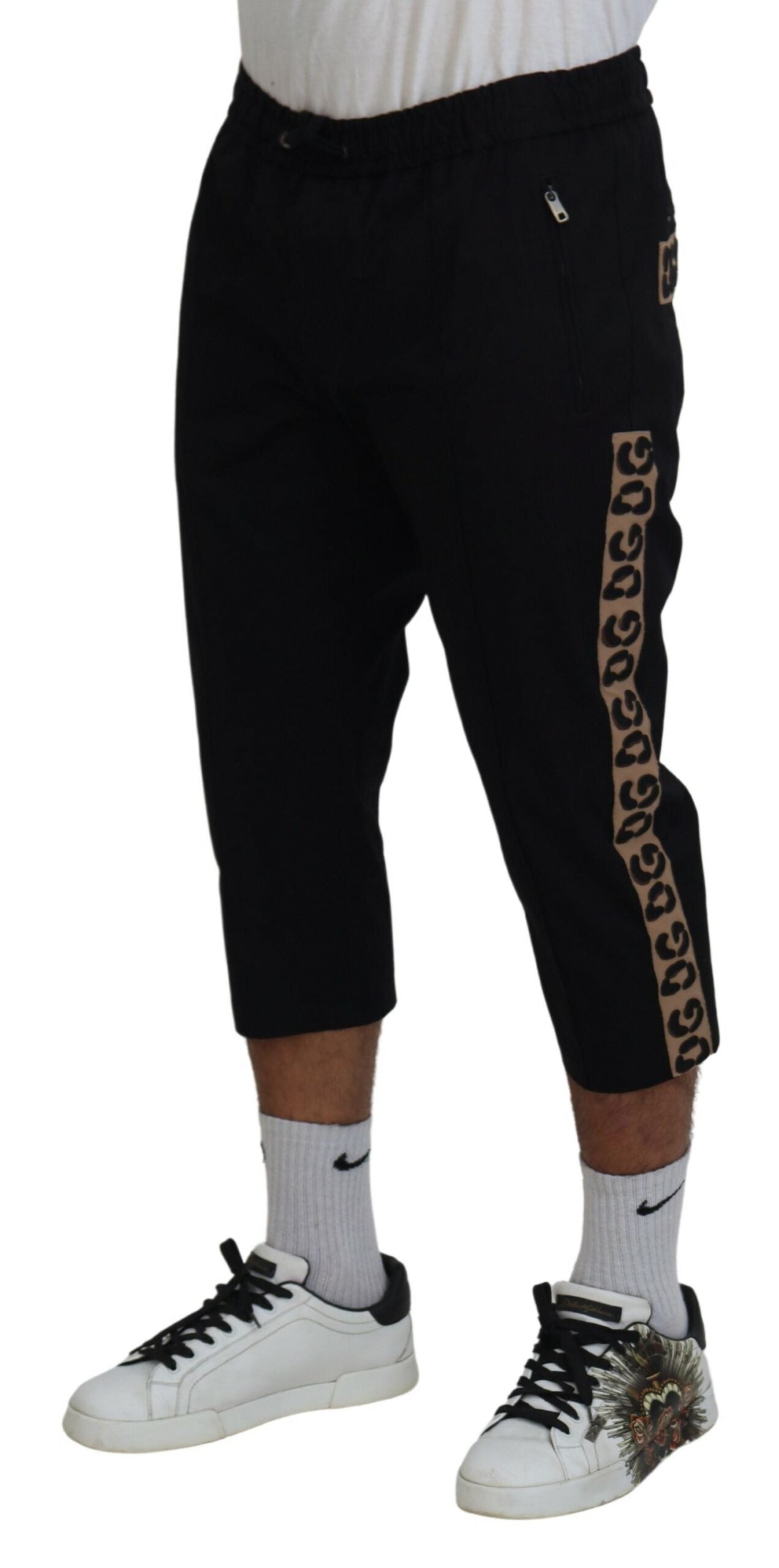 Black Cotton Elastic Waist DG Logo Cropped Pants