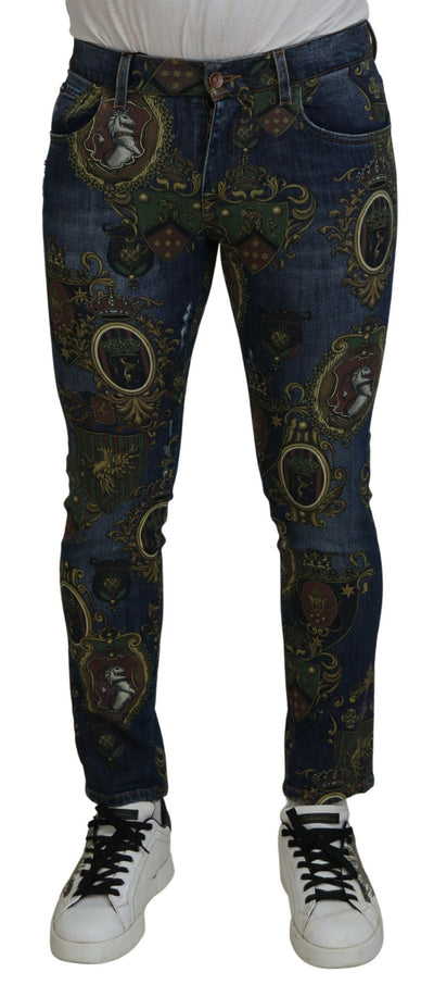 Blue Heraldic Print Cotton Skinny Denim Jeans