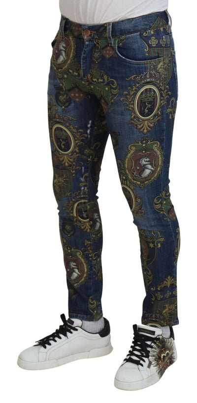 Blue Heraldic Print Cotton Skinny Denim Jeans