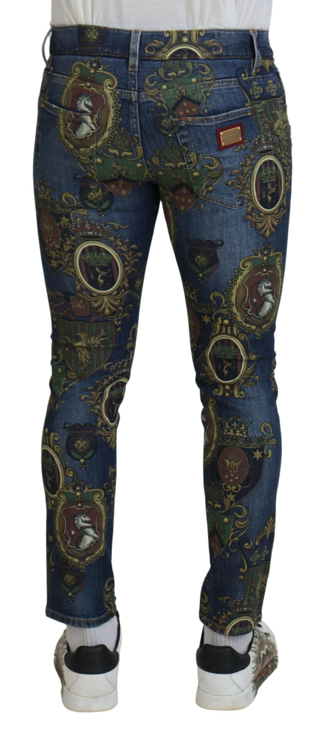 Blue Heraldic Print Cotton Skinny Denim Jeans