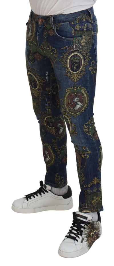 Blue Heraldic Print Cotton Skinny Denim Jeans