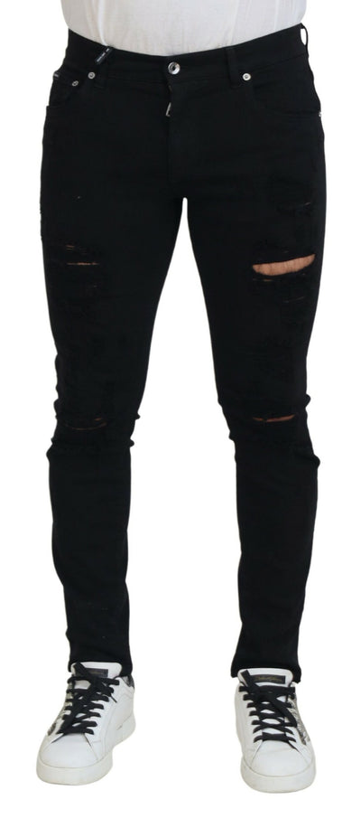 Black Slim Fit Tattered Denim Cotton Jeans