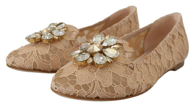 Beige Taormina Lace Crystals Ballet Flats Shoes