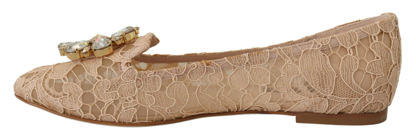 Beige Taormina Lace Crystals Ballet Flats Shoes