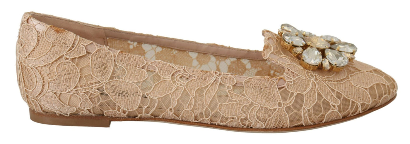 Beige Taormina Lace Crystals Ballet Flats Shoes