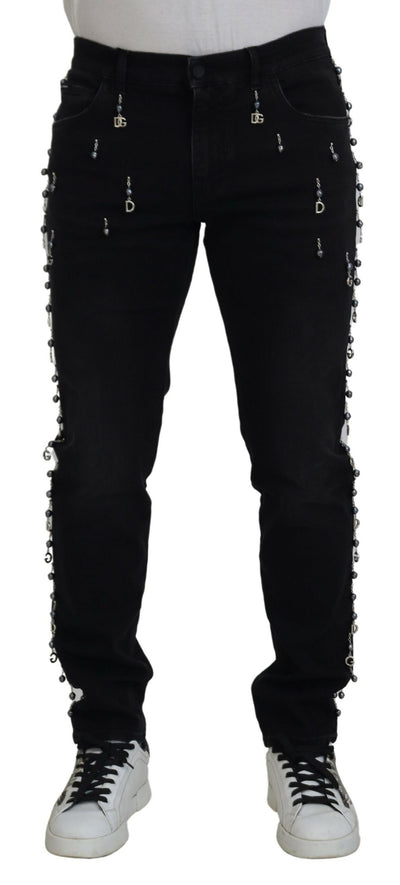 Black Embellished Slim Denim Logo Plaque Jeans