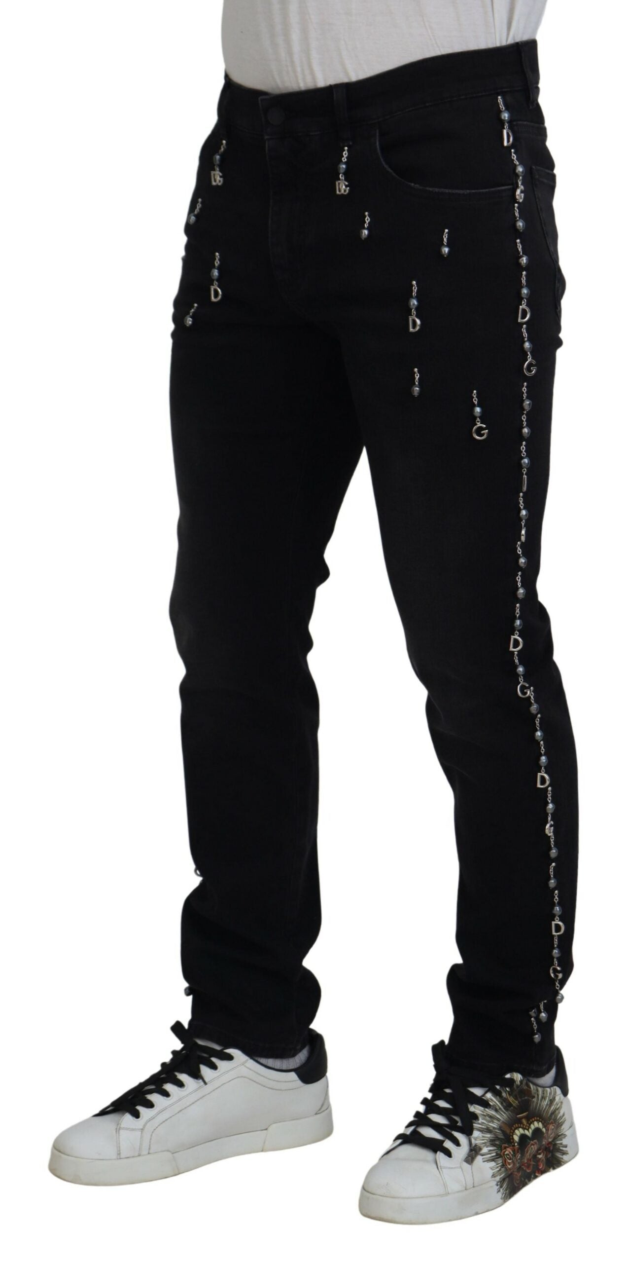 Black Embellished Slim Denim Logo Plaque Jeans