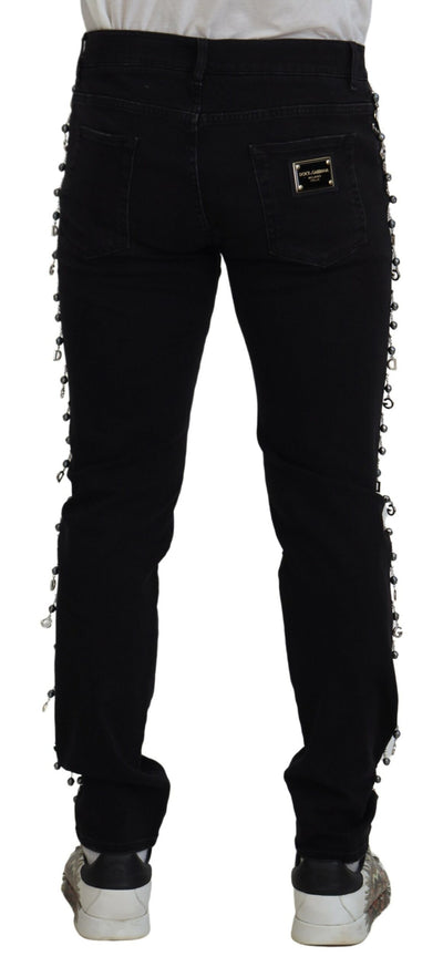 Black Embellished Slim Denim Logo Plaque Jeans