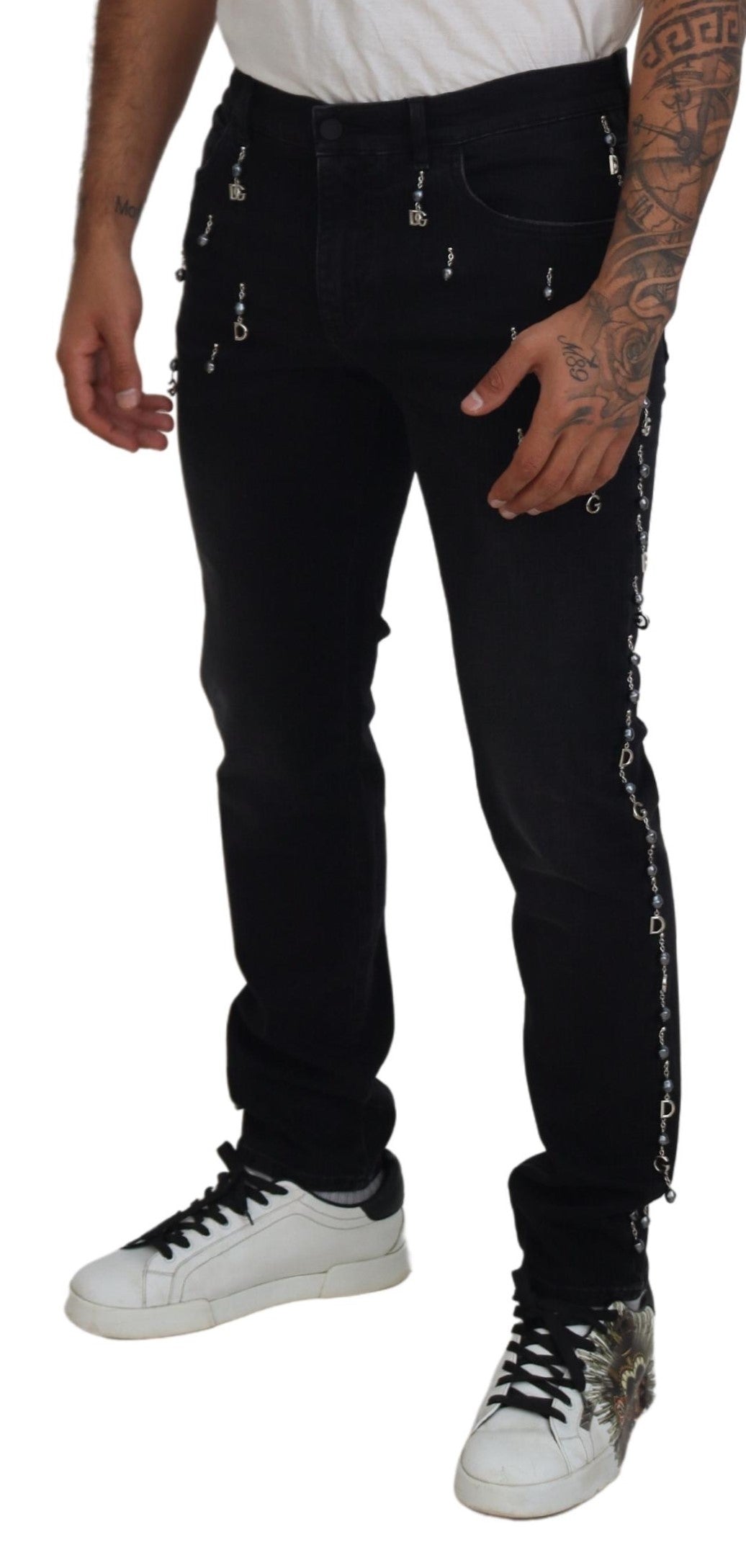 Black Embellished Slim Denim Logo Plaque Jeans