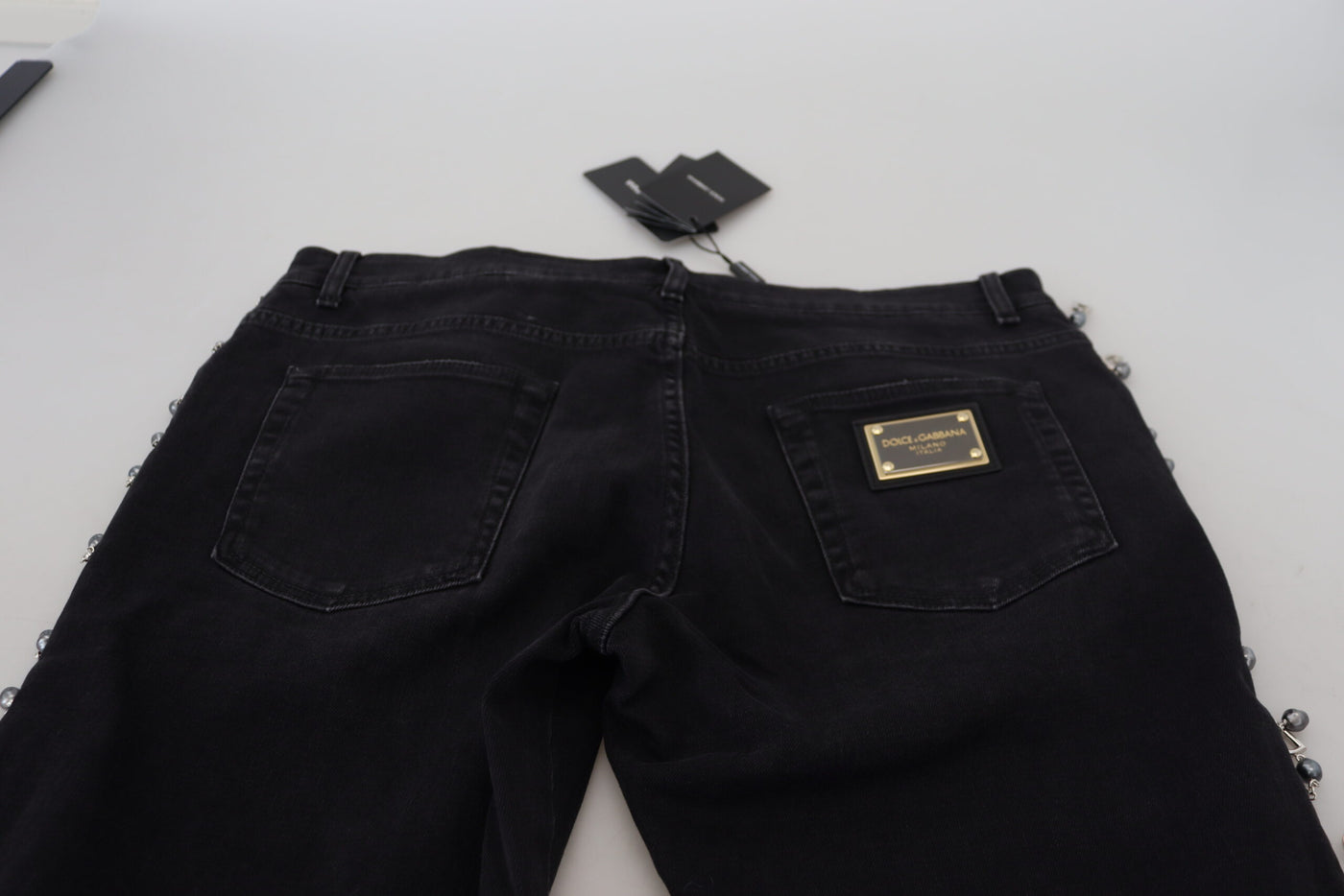 Black Embellished Slim Denim Logo Plaque Jeans