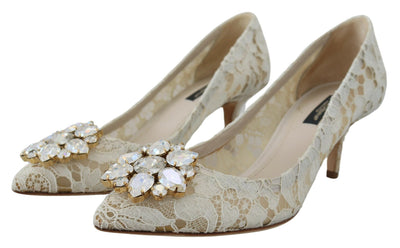 White Taormina Lace Crystal Heels Pumps Shoes