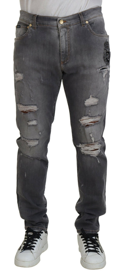 Gray Embroidery Tattered Cotton Denim Jeans