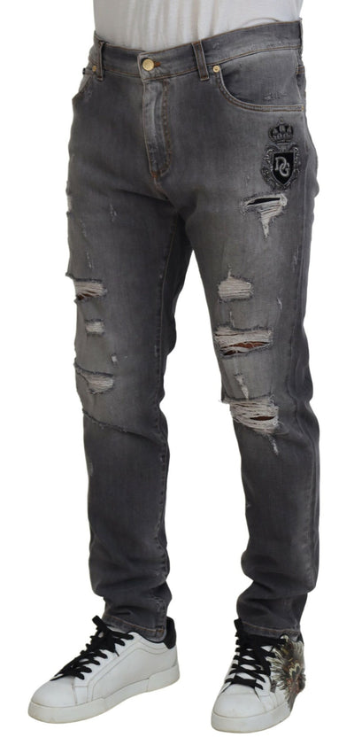 Gray Embroidery Tattered Cotton Denim Jeans