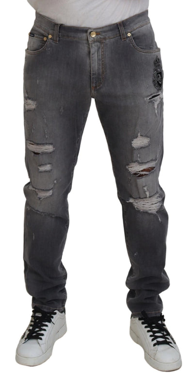 Gray Embroidery Tattered Cotton Denim Jeans