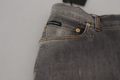 Gray Embroidery Tattered Cotton Denim Jeans