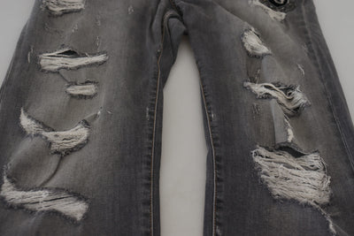 Gray Embroidery Tattered Cotton Denim Jeans