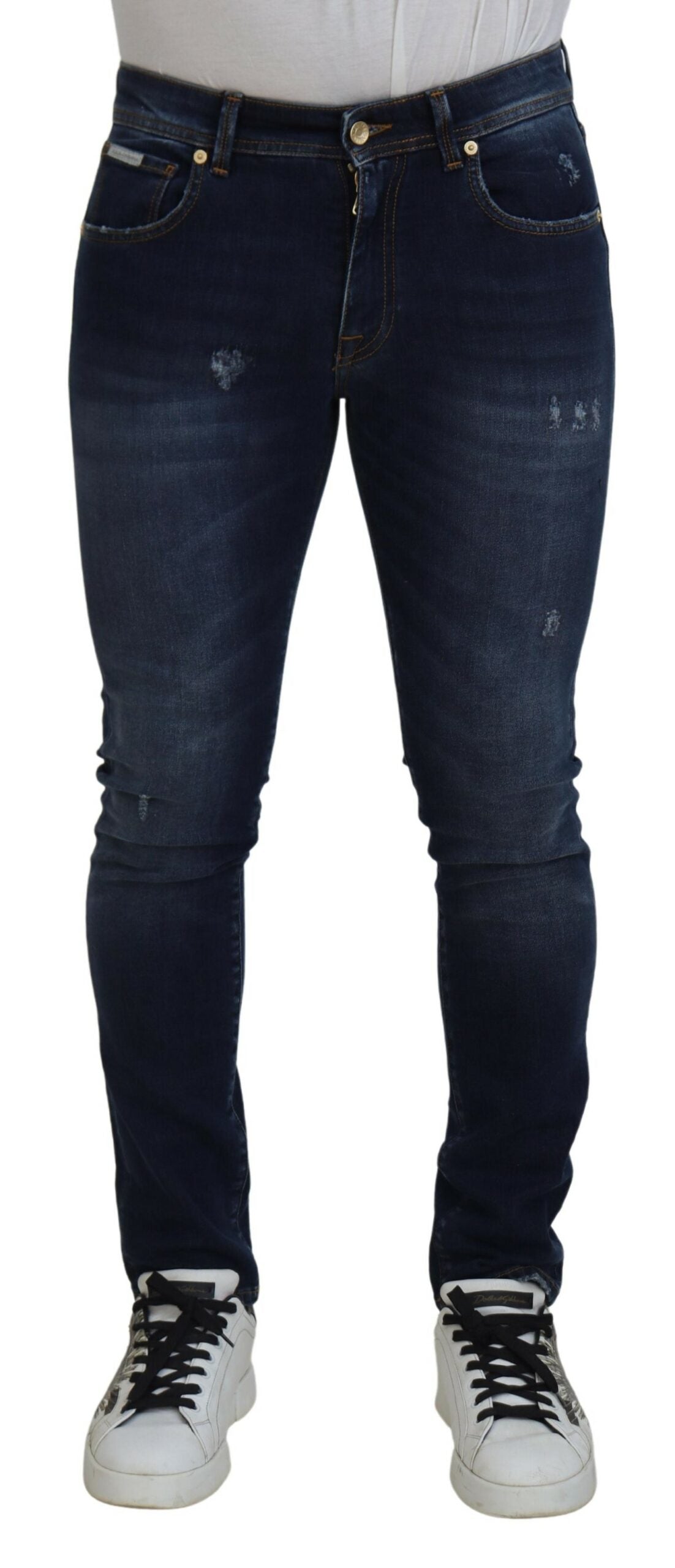 Dark Blue Washed Cotton Skinny Denim Jeans