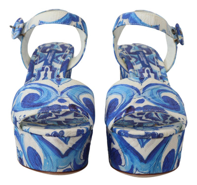 White Blue Majolica Wedges Sandals Shoes