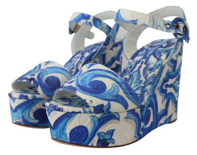 White Blue Majolica Wedges Sandals Shoes