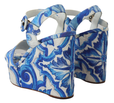 White Blue Majolica Wedges Sandals Shoes