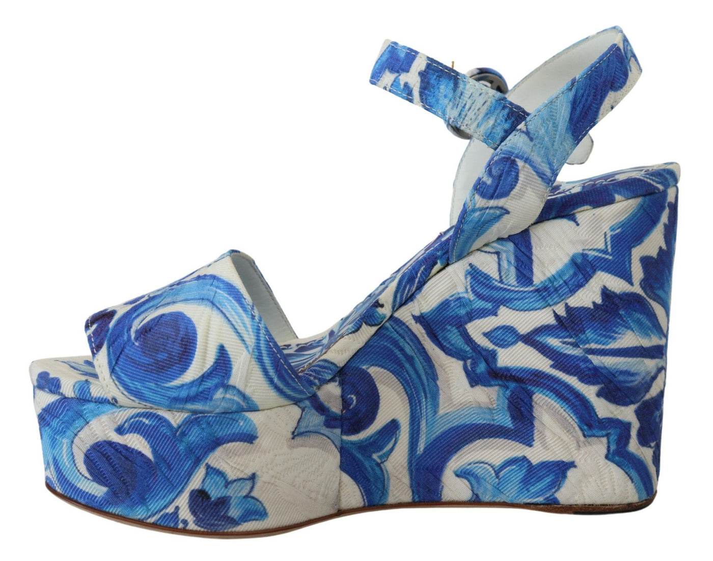 White Blue Majolica Wedges Sandals Shoes