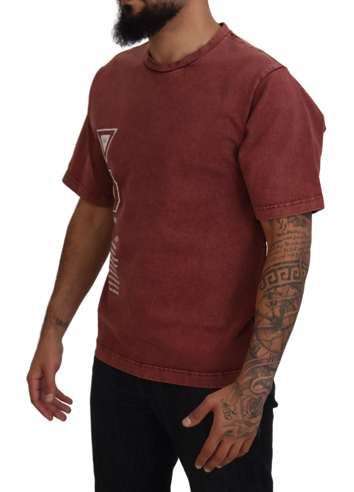 Maroon Print Round Neck Short Sleeves T-shirt