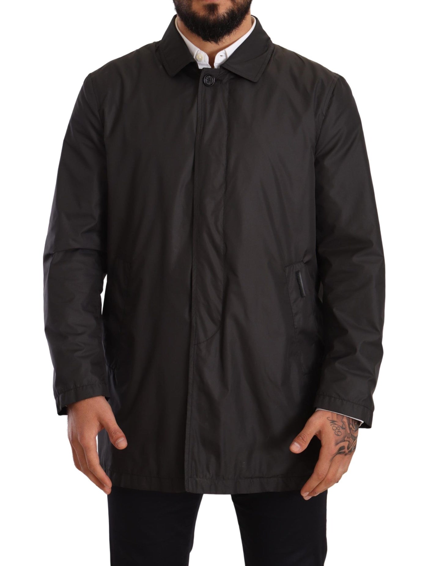 Black Polyester Mens Trench Coat Jacket