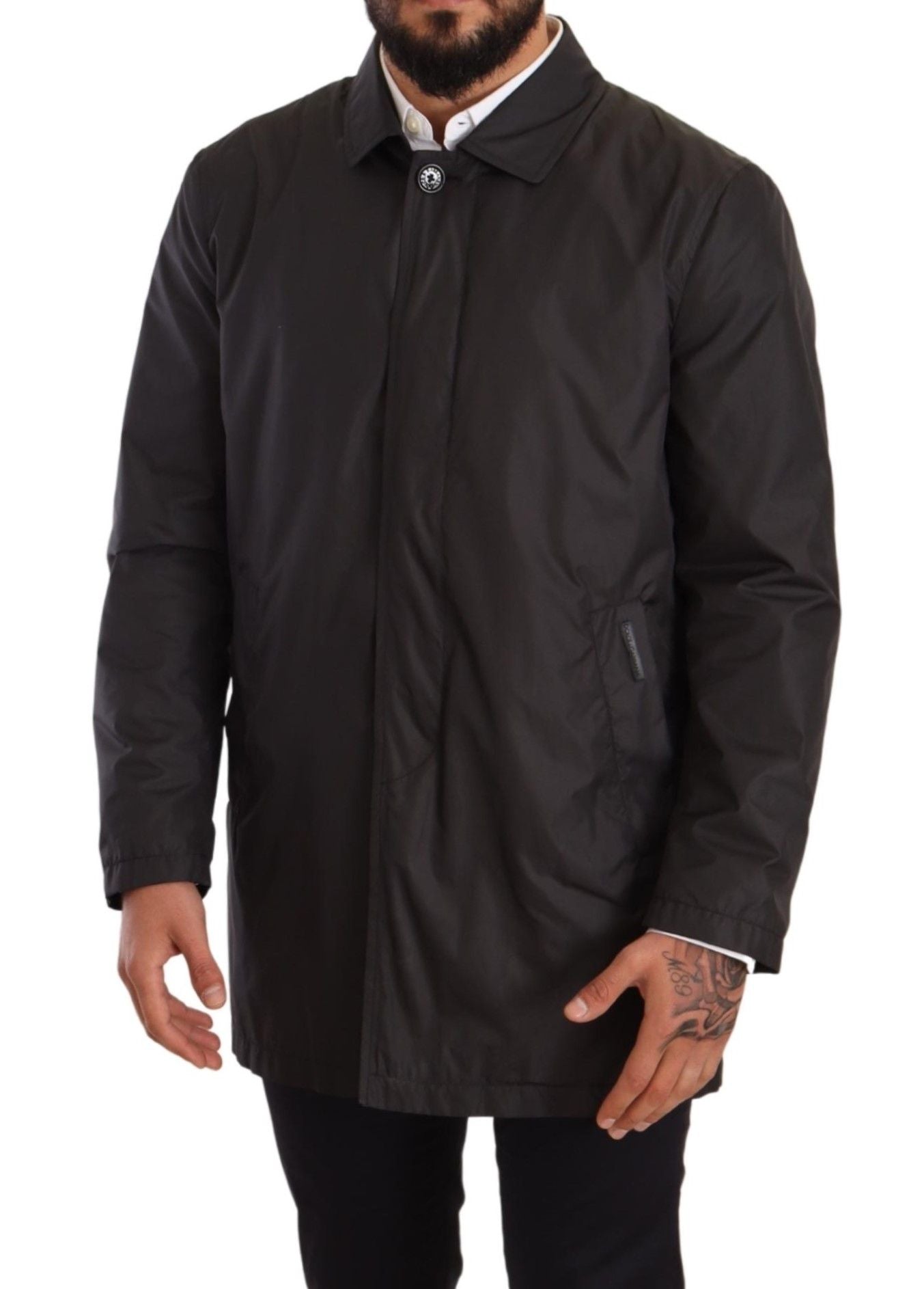 Black Polyester Mens Trench Coat Jacket