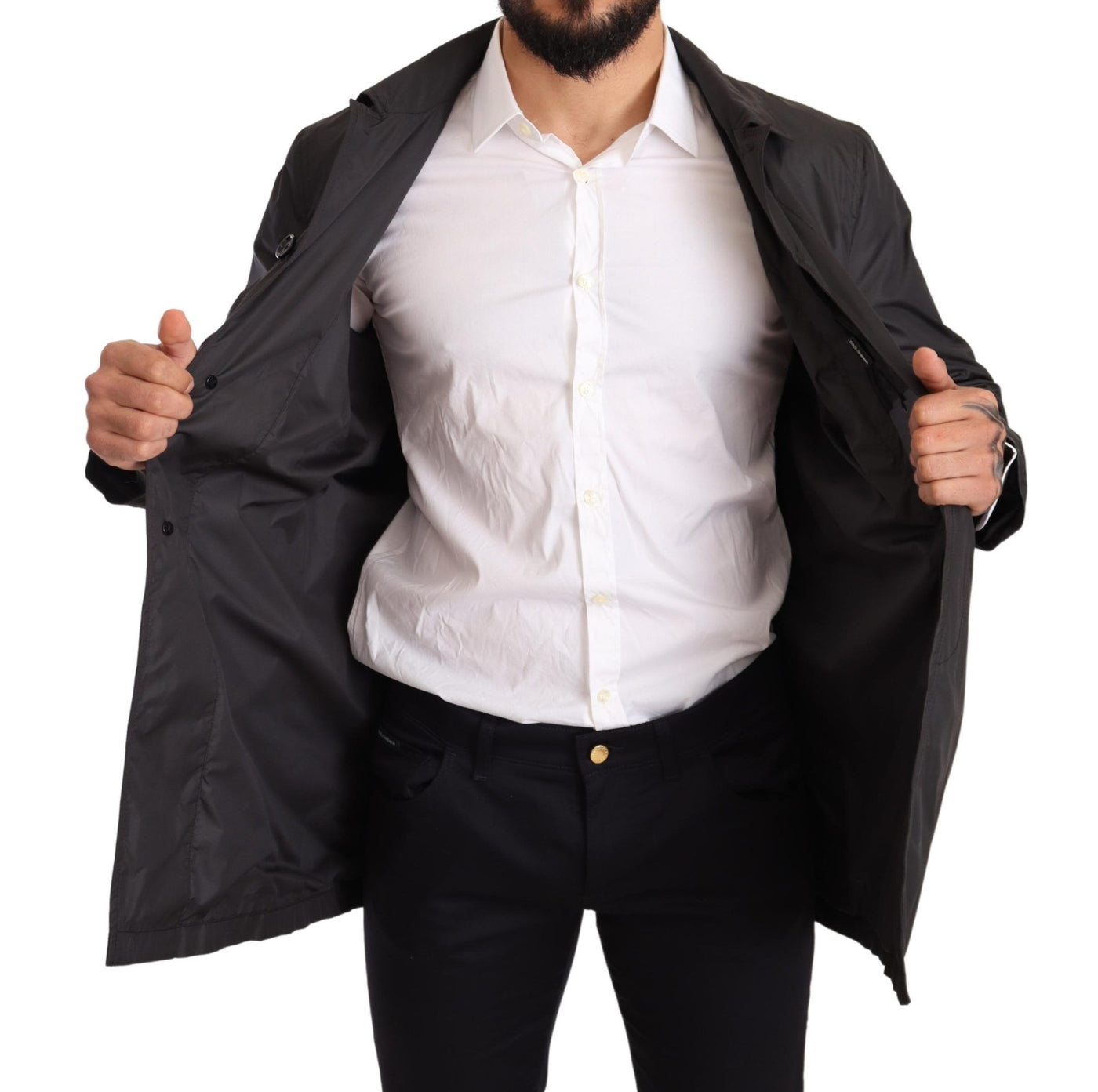 Black Polyester Mens Trench Coat Jacket