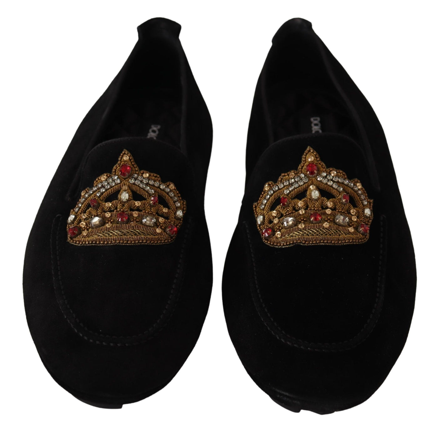 Black Leather Crystal Gold Crown Loafers Shoes