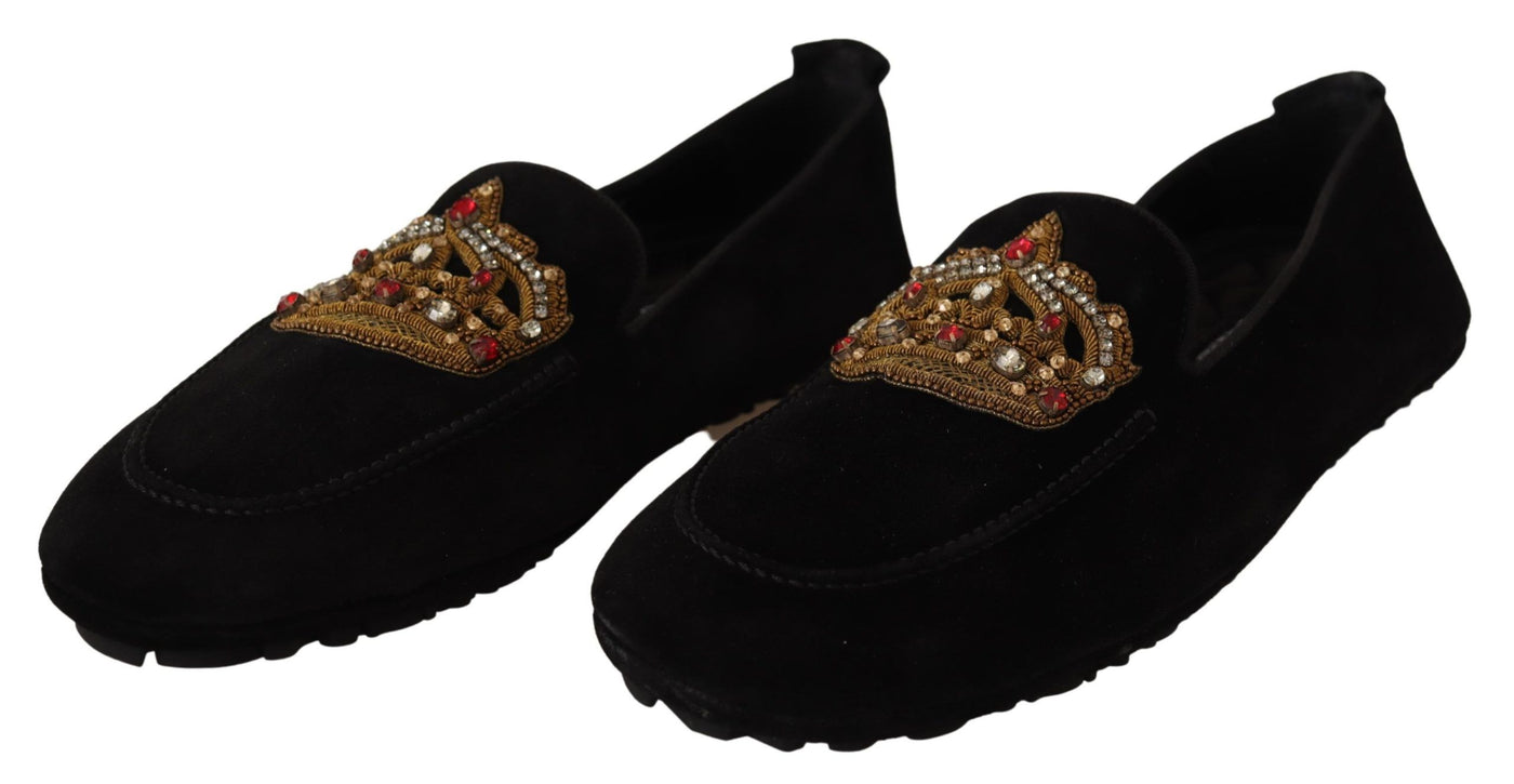 Black Leather Crystal Gold Crown Loafers Shoes