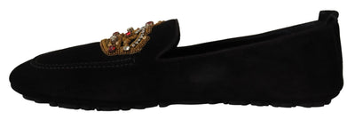 Black Leather Crystal Gold Crown Loafers Shoes