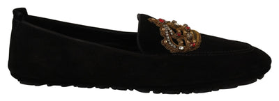 Black Leather Crystal Gold Crown Loafers Shoes