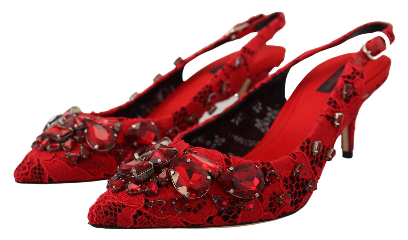 Red Crystals Heel Slingback Mary Jane Shoes