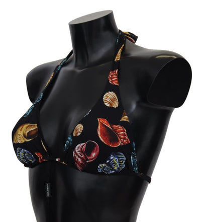 Black Seashells Print Halter Swimwear Bikini Tops