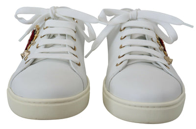 White Leather Gold Red Heart Sneakers Shoes