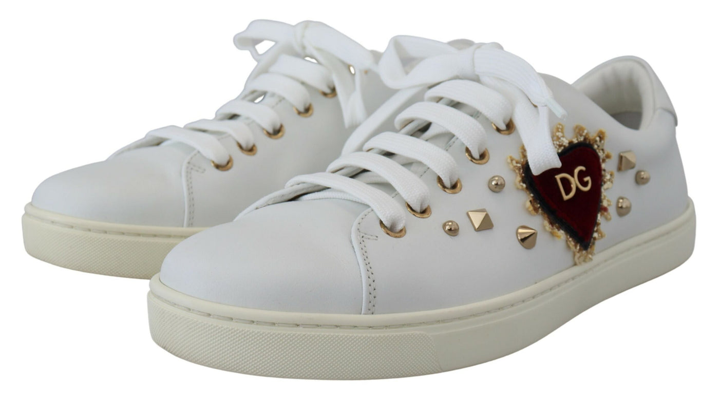 White Leather Gold Red Heart Sneakers Shoes