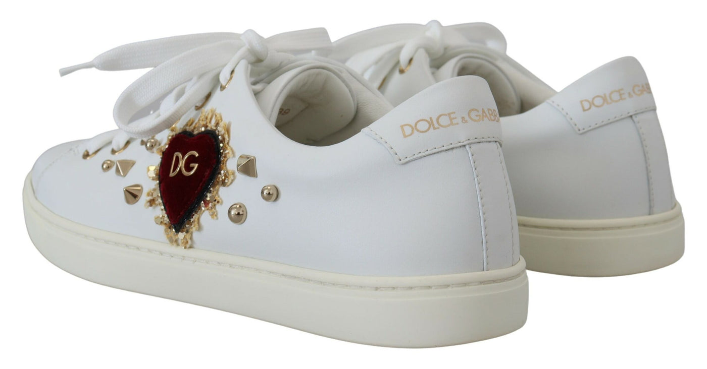 White Leather Gold Red Heart Sneakers Shoes