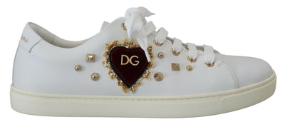 White Leather Gold Red Heart Sneakers Shoes