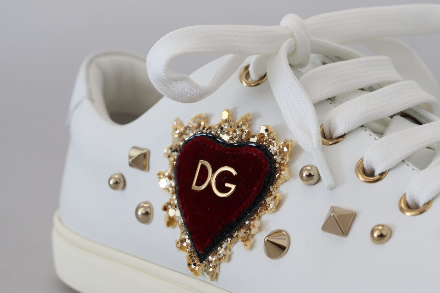 White Leather Gold Red Heart Sneakers Shoes