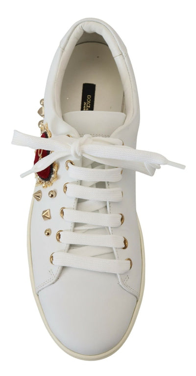 White Leather Gold Red Heart Sneakers Shoes