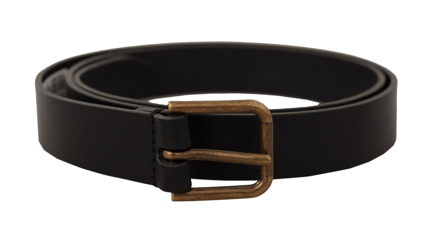 Black Calf Leather Brass Logo Engraved Buckle Belt