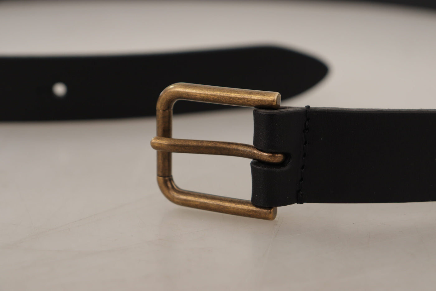 Black Calf Leather Brass Logo Engraved Buckle Belt