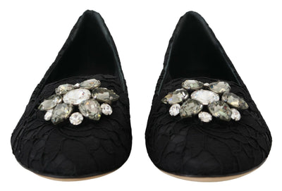 Black Taormina Lace Crystals Flats Shoes