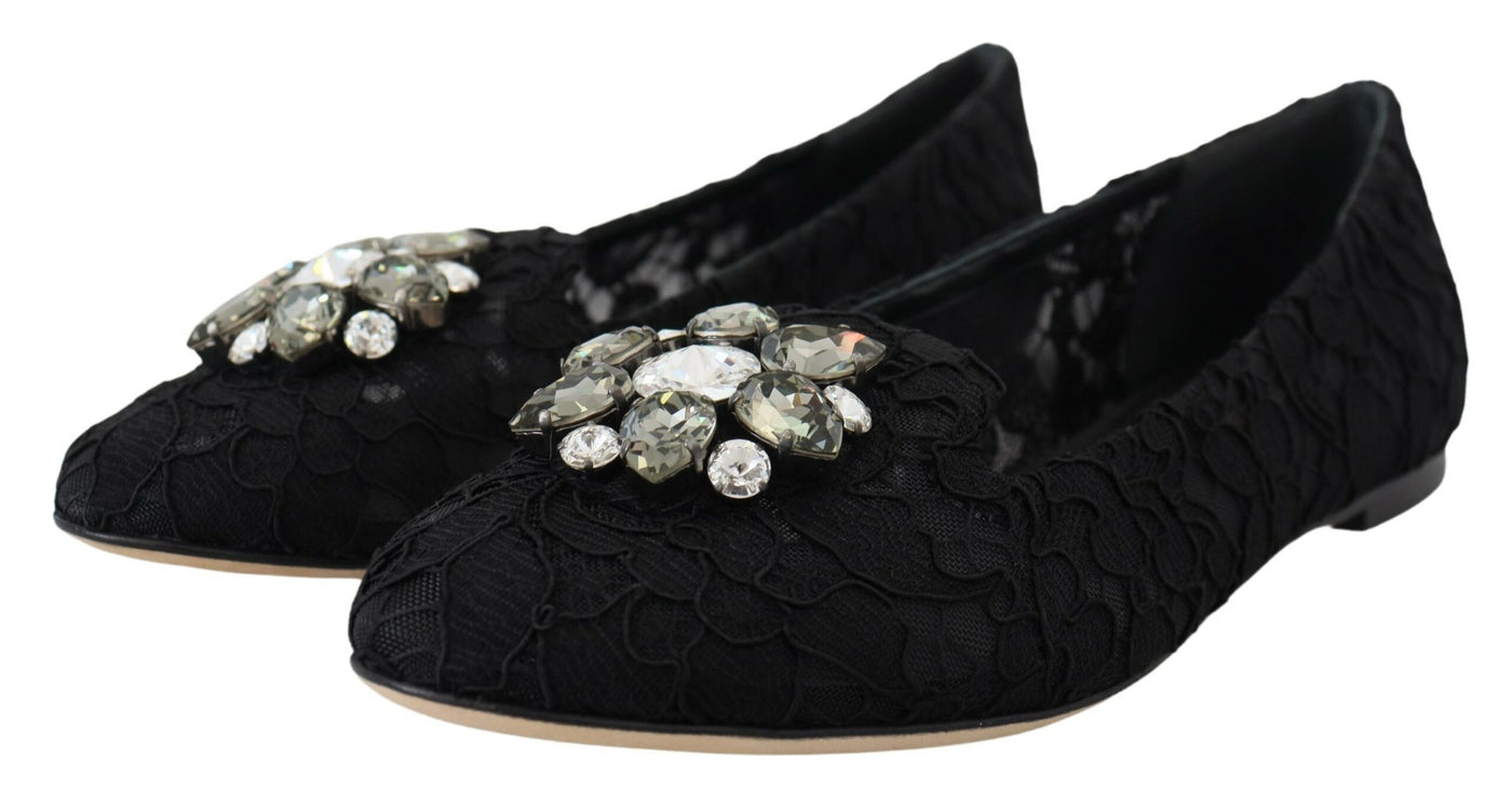 Black Taormina Lace Crystals Flats Shoes