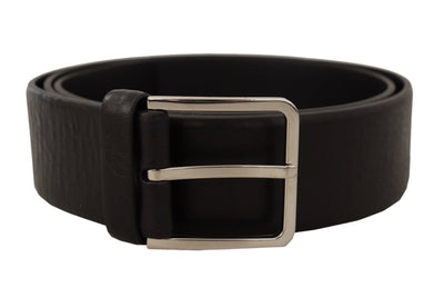 Black Plain Calf Leather Logo Metal Buckle Belt