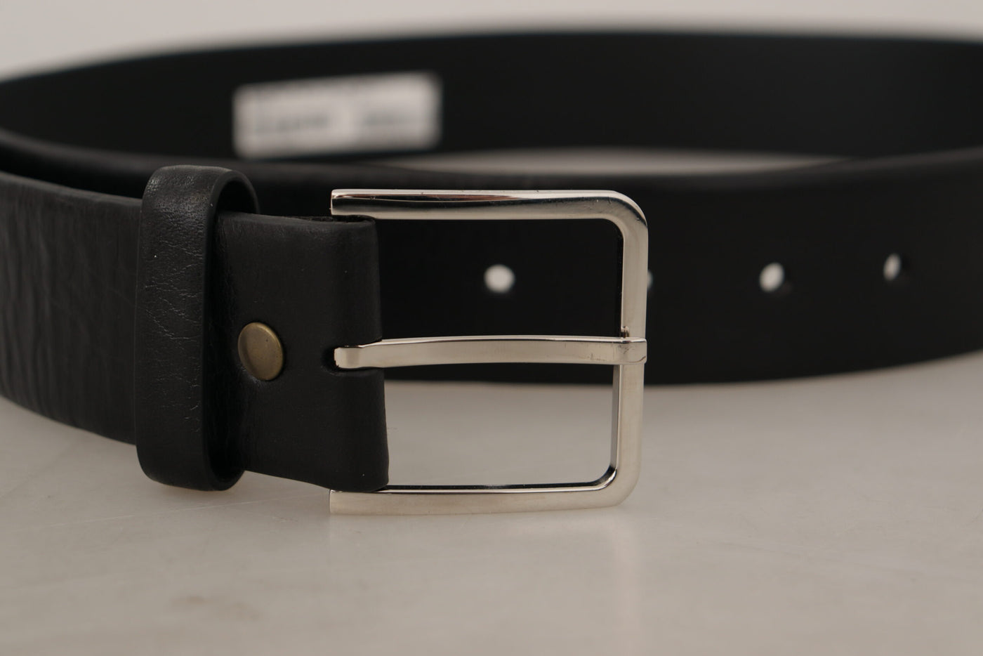 Black Plain Calf Leather Logo Metal Buckle Belt